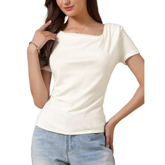 INSPIRE CHIC Short Sleeves Top for Women Ruched Going Out Crop Shirts Slim Fit Basic Tee Blouse M White