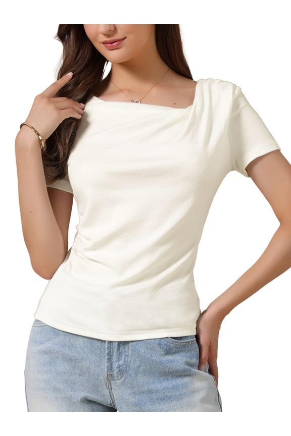 Short Sleeves Top for Women Ruched Going Out Crop Shirts Slim Fit Basic Tee Blouse M White