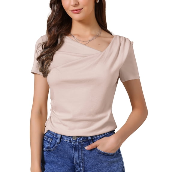 INSPIRE CHIC Short Sleeves Top for Women Ruched Going Out Crop Shirts Slim Fit Basic Tee Blouse XS Pink
