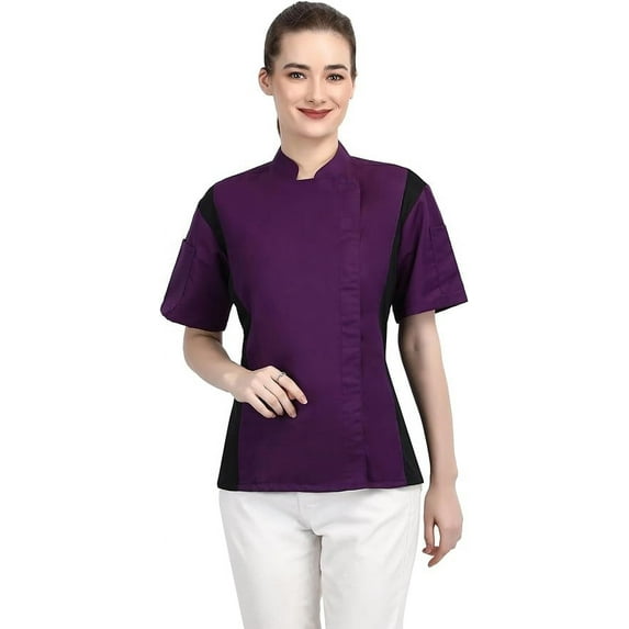 Short Sleeves Violet Color Zipper Chef Coat Jacket Uniform for women with Side Mesh ideal for Caterers and Culinary professional XS Size