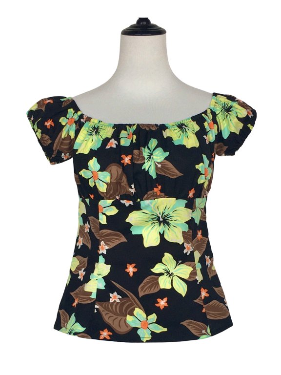 Short Sleeves Women Tops Hibiscus Print Vintage Style Blouse