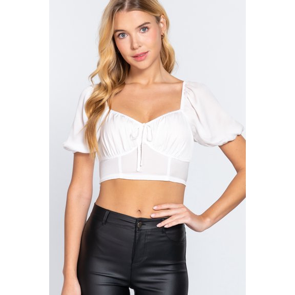 Short Slv Shirring Satin Crop Top
