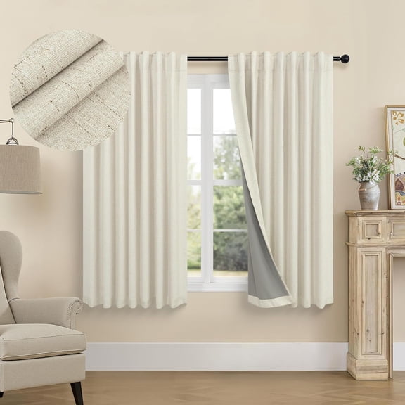 Short Small Blackout Curtains 54 Inches Long for Bedroom Aesthetic Beige Linen Colored Boho Black Out Curtains Insulated Thermal Curtains for Summer Heat Blocking Basement Bathroom Window 52x54