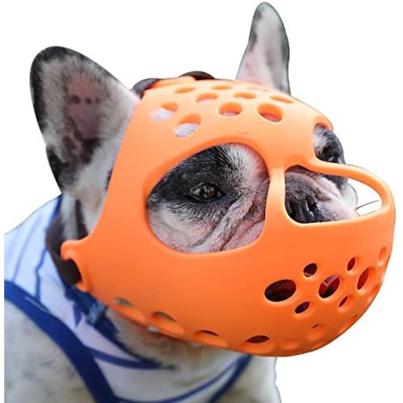 Short Snout Dog Muzzle, Soft Silicone Flat Faced Muzzle for French Bulldog Shih Tzu and Pug for Biting Chewing Licking and Grooming, Allows Panting Orange,M（Head 15-16½"）