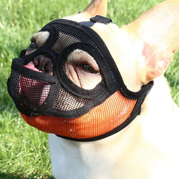 Short Snout Dog Muzzles- Adjustable Breathable Mesh Bulldog Muzzle for Prevent Biting Chewing Licking Grooming Dog Mask, Orange, L