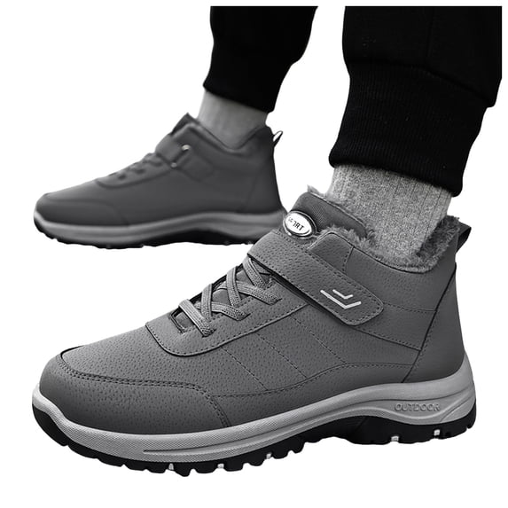 Short Snow Boots for Women Men Trendy Waterproof Leather Furry Lined Hook and Loop Lace up Winter Hiking Antislip Ankle Booties Gray Size 8.5