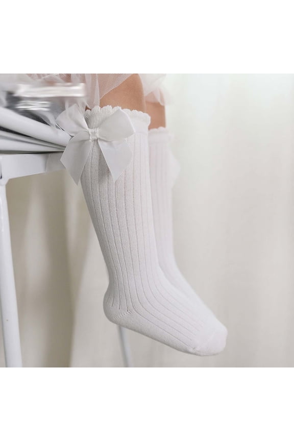 Short Socks Toddlers Girls Cute Big Bow Knee High Long Soft Cotton Lace Socks Kids Christmas Knit Slipper Socks White 2-4Y