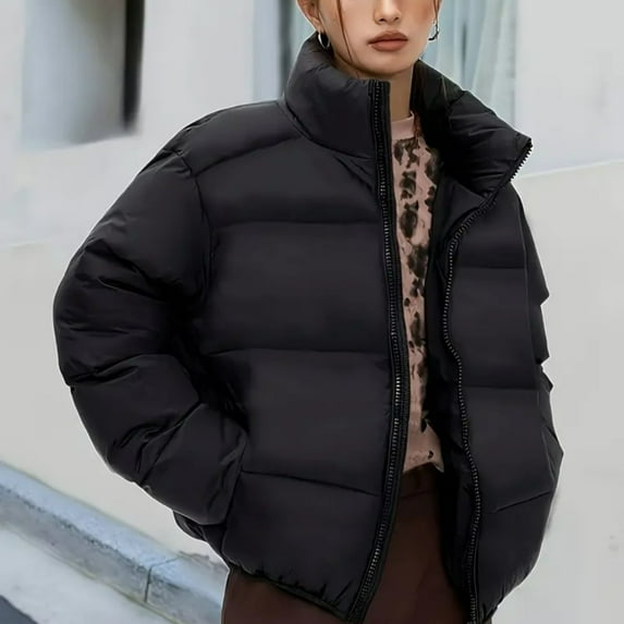 Short Solid Color Stand Up Collar Women's Winter Jacket