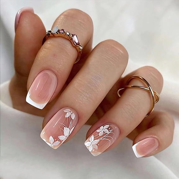 Short Square Fake Nails Spring Flower Press on Nails Glossy White False Nail Tips with White Flower Designs Short Acrylic Nails Full Cover Glue on Nails Stick on Nails for Women Manicure