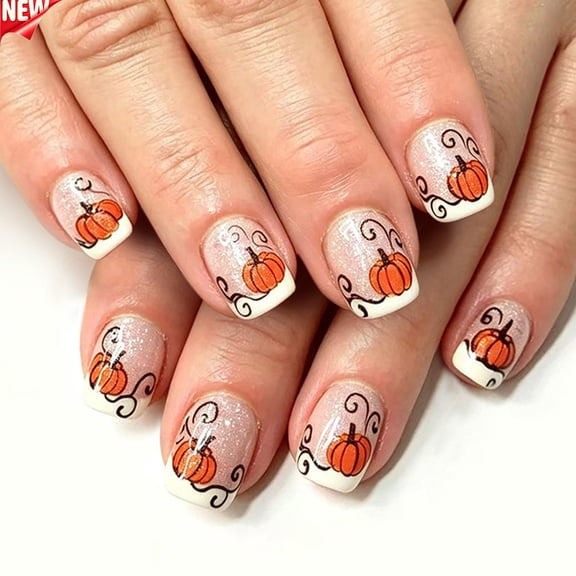 Short Square Fall Acrylic Press On Nails Full Cover Fake False Stick On Nails,Reusable Artificial Nail Tips Glitter French Tip Pumpkin Design for Thanksgiving Halloween Daily Party DIY Manicure 24Pcs