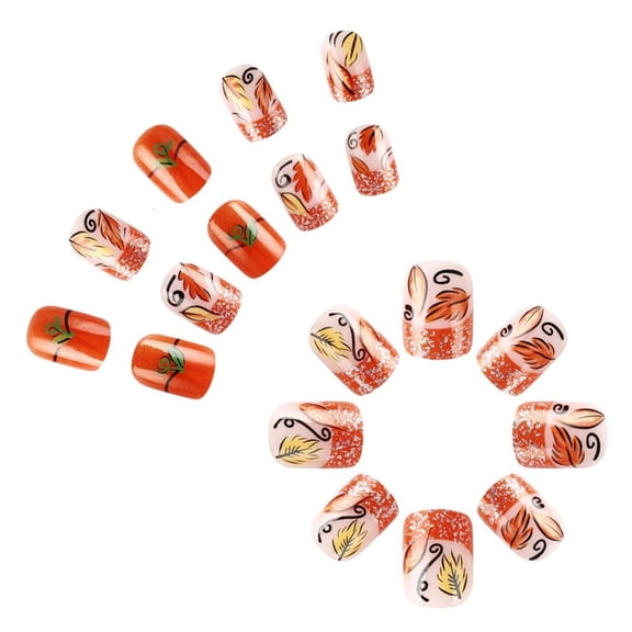 Short Square Fall Themed Press On Nails with Maple Leaf Glitters Design Full Cover Stick on Nail 24Pcs for Women