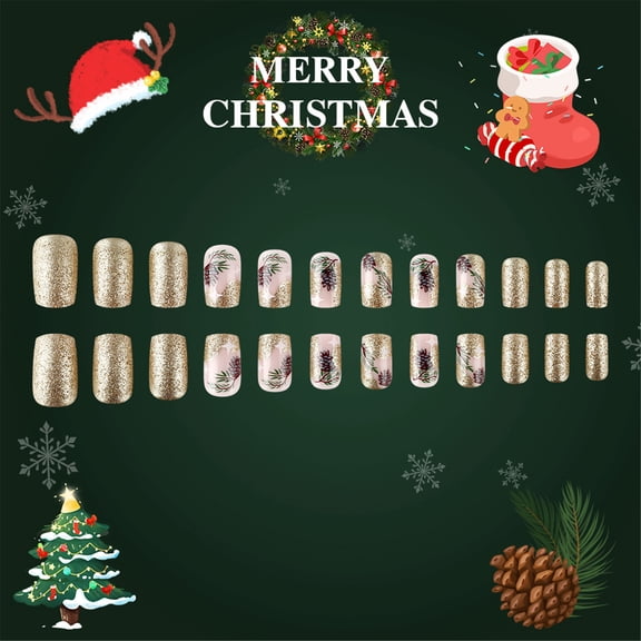 Short Square False Nails Christmas Tree Press On Nails Leaves Full Covers on Nails Glittering Artificial Nails
