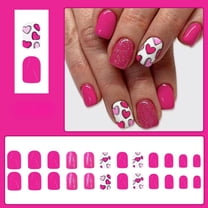 Short Square Nails Glossy Finish Valentine Fuchsia Heart Glitter Art Design Wearable 24 Piece Set for Manicure