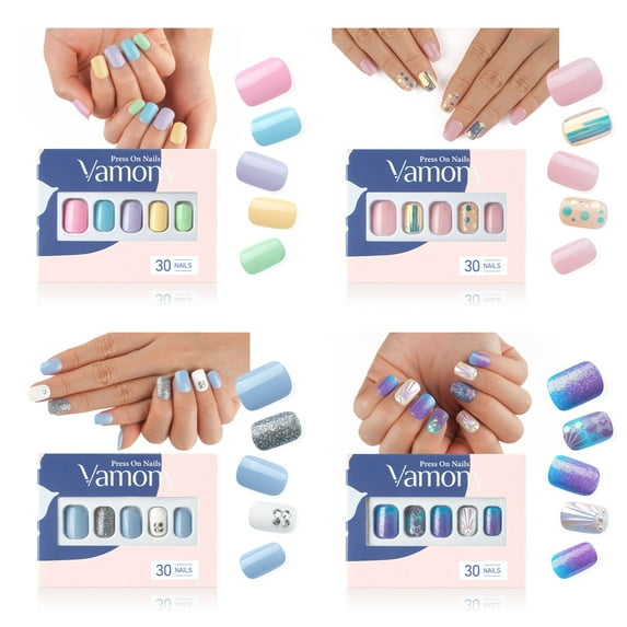 Short Square Press On False Nails - Vamony 120 Pcs Fake Nails, Presson Nails Kit with Adhesive Tabs, Mani Sticks and Files, Artificial Nails for Girls Women, 4 Packs, Energy Summer Set
