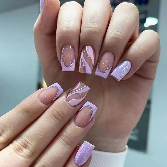 Short Square Press on Nails Squoval Fake Nails Glossy Glue on Nails Bling Glitter Acrylic Nails Purple French Tip Arificial Nails Swirl Stripe Stick on False Nails with Design 24 pcs 00909-1Purple