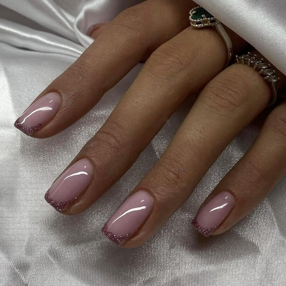 Short Square Press on Nails Squoval Fake Nails Glossy Glue on Nails Bling Purple Glitter Acrylic Nails French Tip Artificial Nails Pink Gel Stick on False Nails with Design 24 pcs 03216Purple 0.04