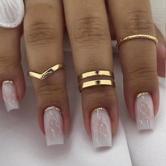 Short Square Press on Nails Squoval Fake Nails Glossy Glue on Nails French Tip Acrylic Nails White Marble Arificial Nails Bling Gold Glitter Stick on False Nails with Design 24 pcs 01249White 0.04