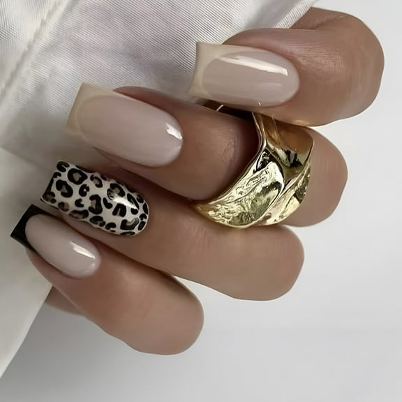 Short Square Press On Nail Leopard Pattern With French Tip Acrylic False Nail Stick on Nail For Women Girls Nail Art