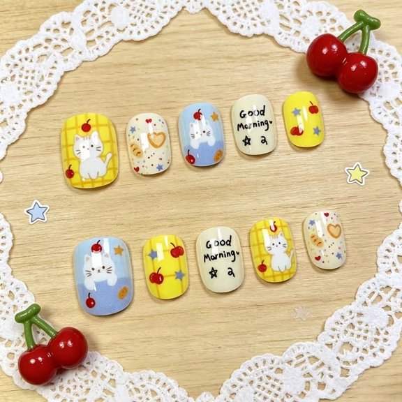 Short Square Press-On Nails 10Pcs Cat Cherry Plaid Korean Style