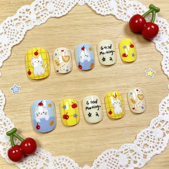 Short Square Press-On Nails 10Pcs Cat Cherry Plaid Korean Style