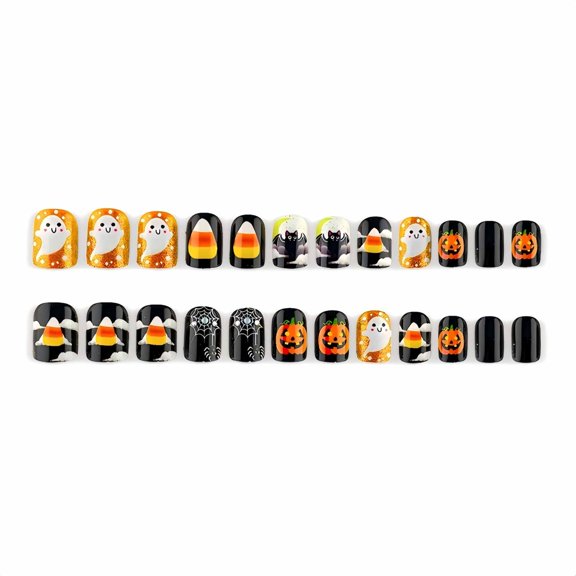 Short Square Press On Nails 24Pcs Halloween False Nails Full Cover with Ghost Pumpkin Bat Spider Web Candy Corn Reusable for Women