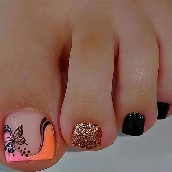Short Square Press on Toenails Butterfly Fake Toe Nails Full Cover Glue on Toenails Gold Glitters Black Acrylic Toe Nails with Designs Glossy Summer False Toe Nails for Women Girls Manicure Decor