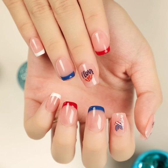 Short Square Press on Nails Glitter French Tip False Glue on Nail American Flag Designs for Independence Day False Nails Women 24pcs