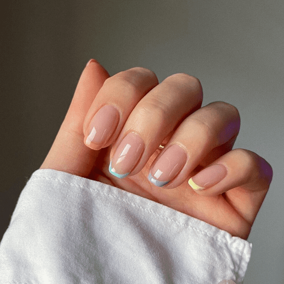 Short Square Press on Nails,KXAMELIE Glossy Nude Glue on Nails Press on With Colorful French Tips,Made by Gel Daily Wear for Women Girls 24 Pieces