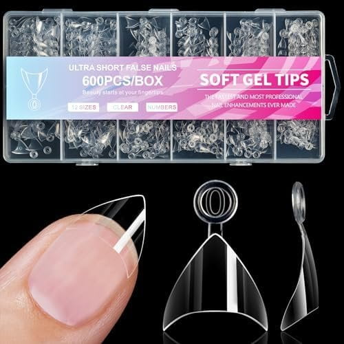 Short Stiletto  Tips, 600 count Extra Short Almond Soft Gel  Tips Clear  Nails  Nails Tips Half Cover False Nails for DIY  Salon
