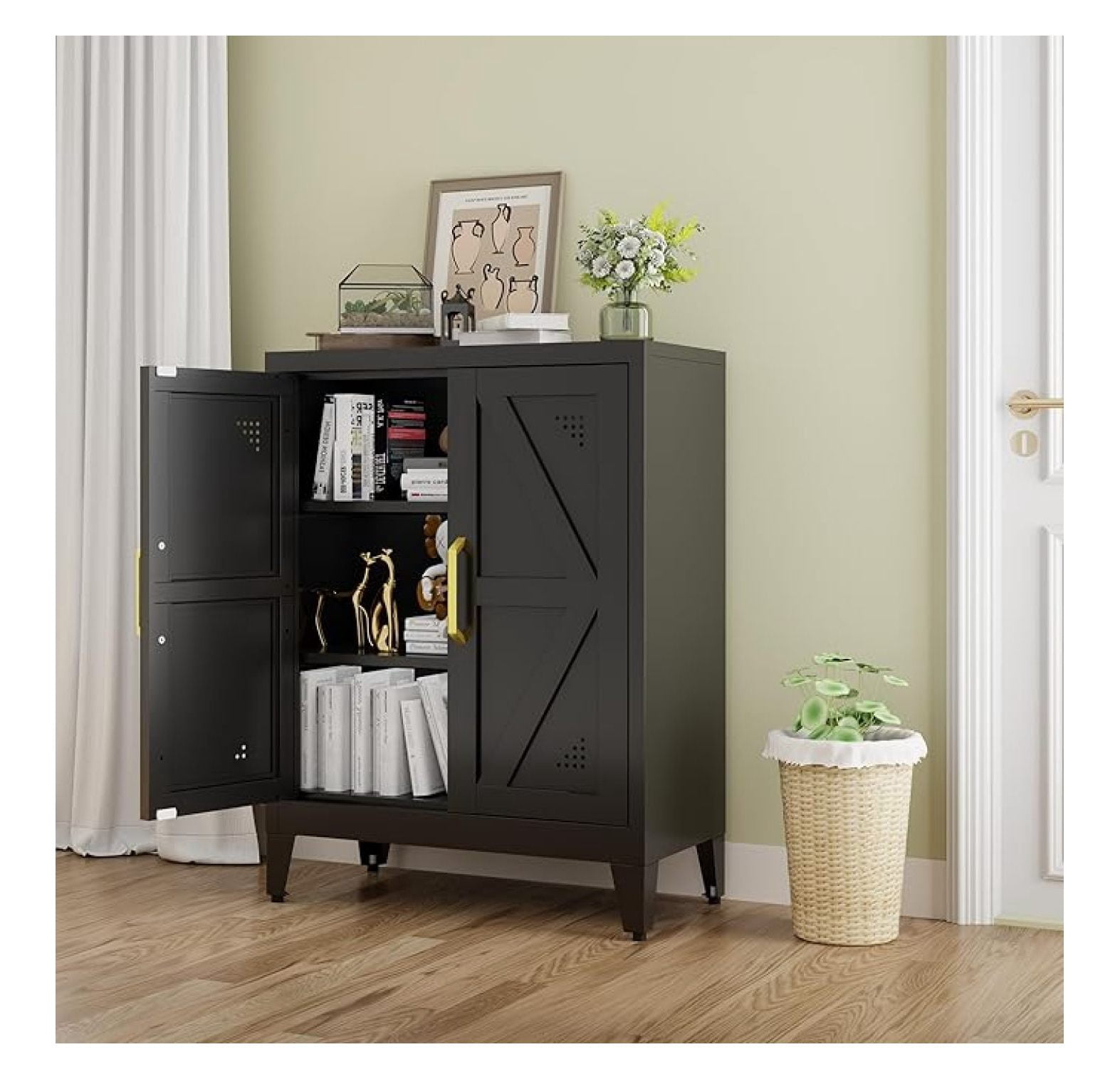 Short Shelf Rack Short Storage Cabinet with 2 Doors and Adjustable Shelves, Metal Pantry ...