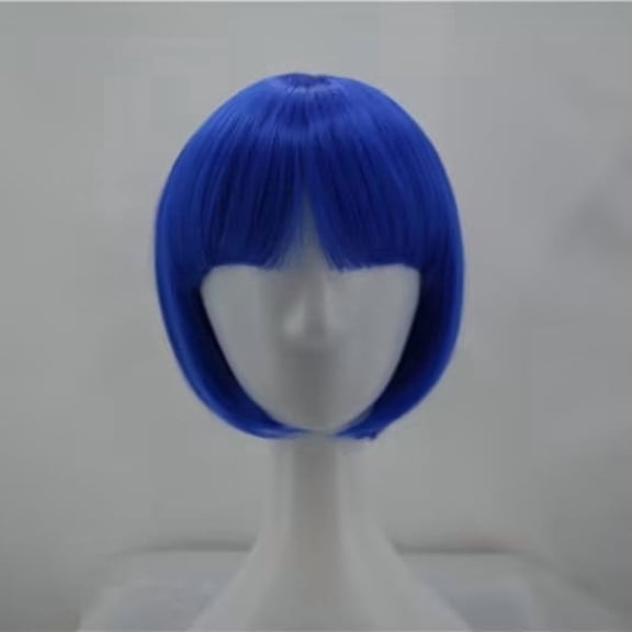 Short Straight Blue Wig With Curled Bangs For Women Breathable Mesh Cap