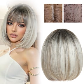 Short Straight Bob Wig -2025 New With Bangs,Highlight Deep Root,9.8 In Natural Synthetic Hair For Women,Heat-Resistant Daily Party Wear Chin Length(Gradient Gray White),Gold