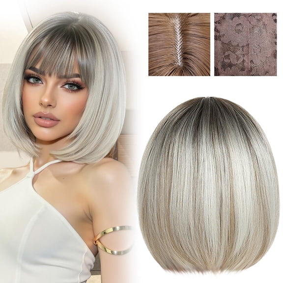 Short Straight Bob Wig -2025 New With Bangs,Highlight Deep Root,9.8 In Natural Synthetic Hair For Women,Heat-Resistant Daily Party Wear Chin Length(Gradient Gray White),Gold