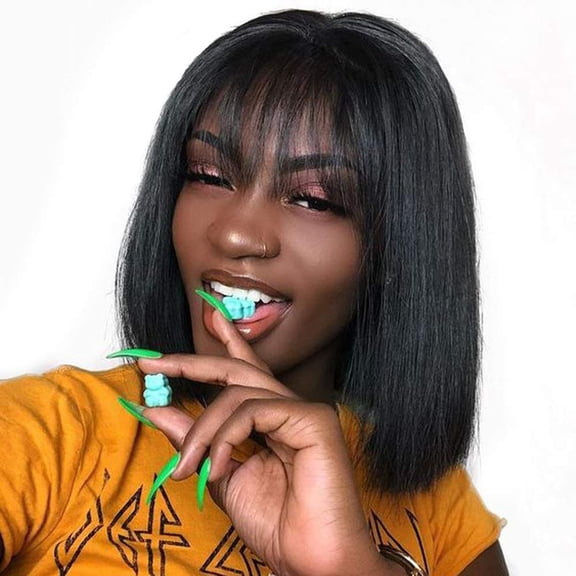 Short Straight Bob Wig with Bangs - Natural Black Glueless Wig, Full Machine Made, Breathable Cap, 10in Human Hair Look, Daily Wear Style, None Lace Front Wig, Christmas Halloween Gift for Women