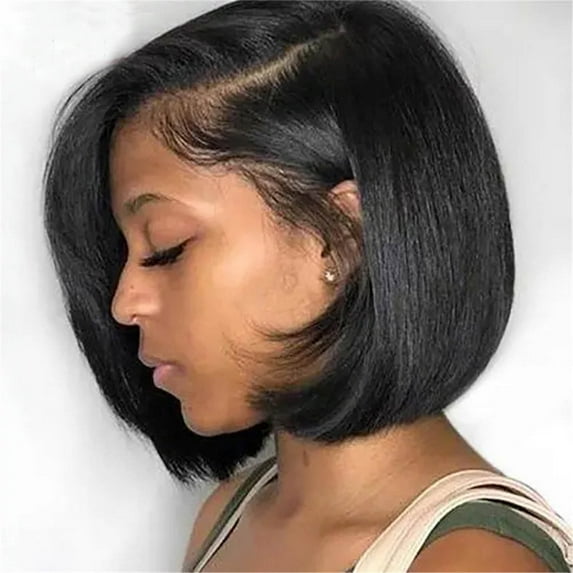 Short Straight Bob Wig with Black Lace Front - Human Hair Highlight Bob with Pre-Plucked Baby Hair, Natural Looking Wig for Women, Glueless & Ready to Wear,Black
