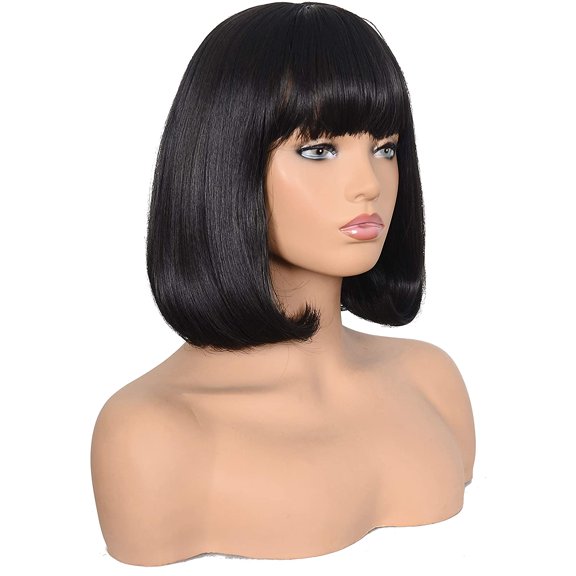 Short Straight Bob Wig Heat Resistant Hair with Blunt Bangs Natural Looking Cosplay Costume Daily Wigs (14", 2# Black) 2# Black