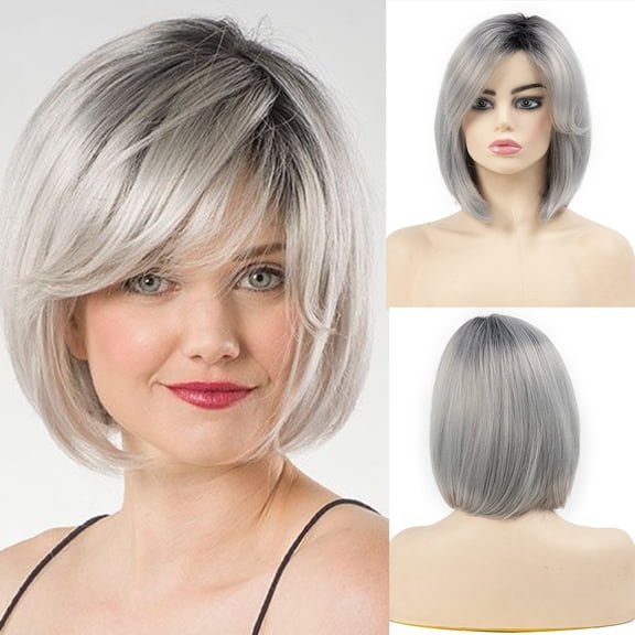 Short Straight Bob Wig Side Bangs Gray Ombre Heat Resistant Full Cap
