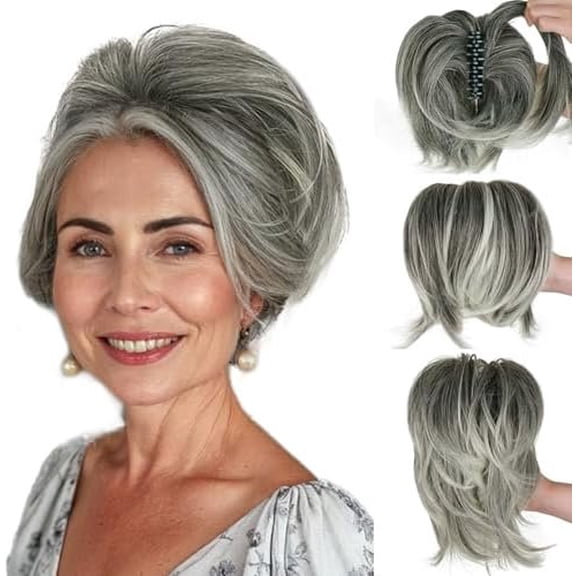 Short Straight Claw Clip Ponytail Extension with 4 DIY Bendable Metals, Synthetic Bun Hair for Women with Thinning Hair, Salt and Pepper Ombre