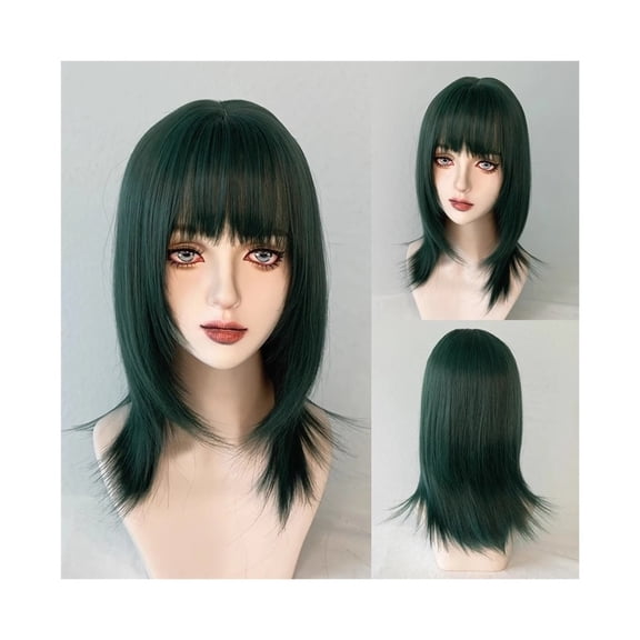 Short Straight Green Women Synthetic Wig with Bangs Fluffy Mullet Head for Daily Party