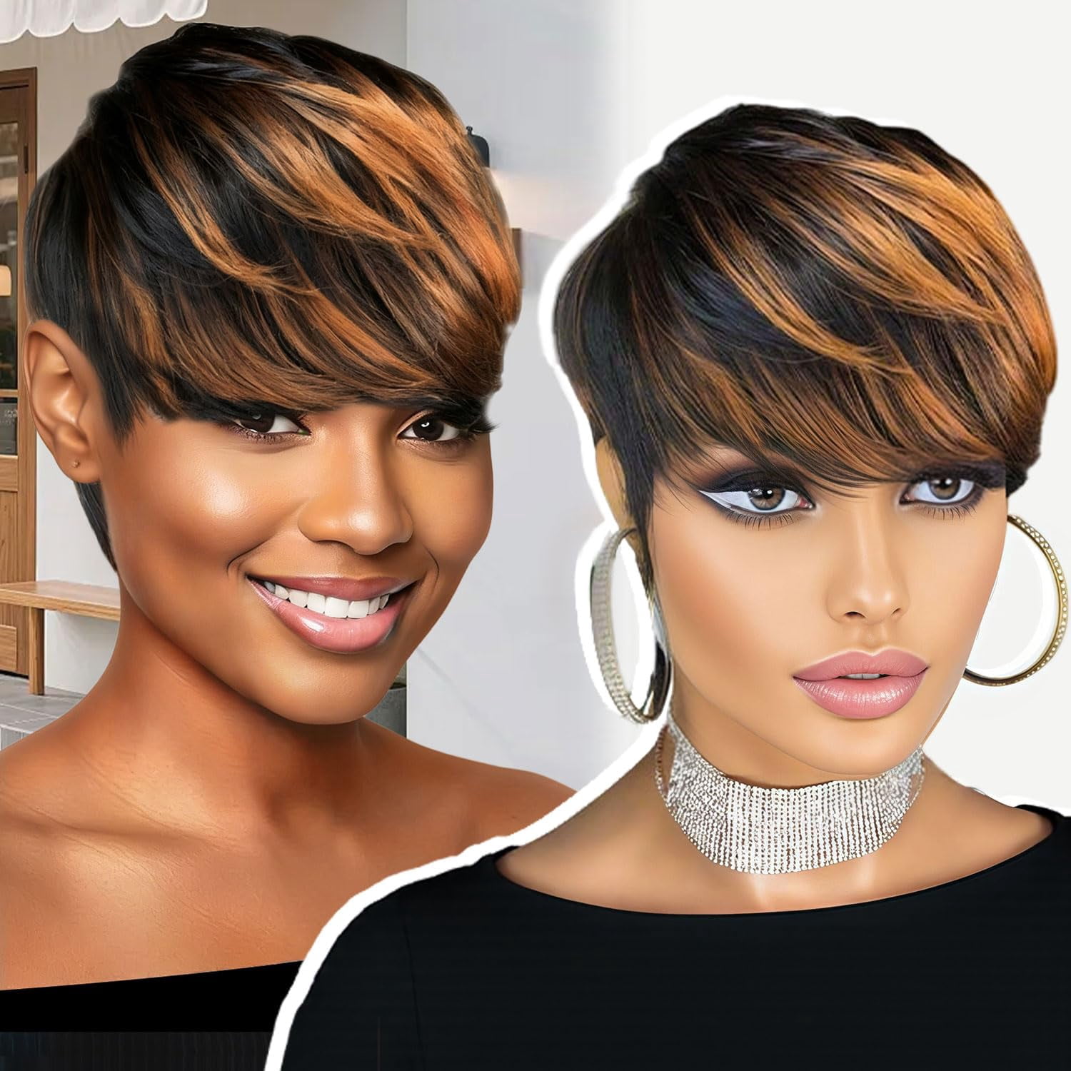 Short Straight Pixie Cut Wig Ombre 1B/30 Human Hair With Bangs 150% Density Full Machine Made Wigs For Women