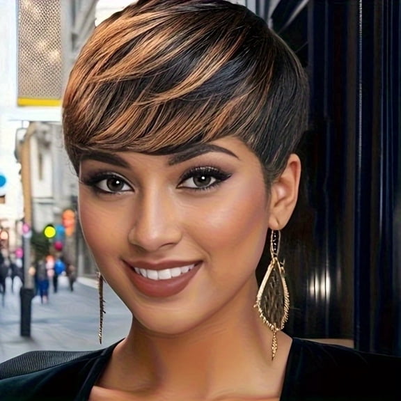 Short Straight Pixie Cut Wig Ombre 1B/30 Human Hair With Bangs 150% Density Full Machine Made Wigs For Women