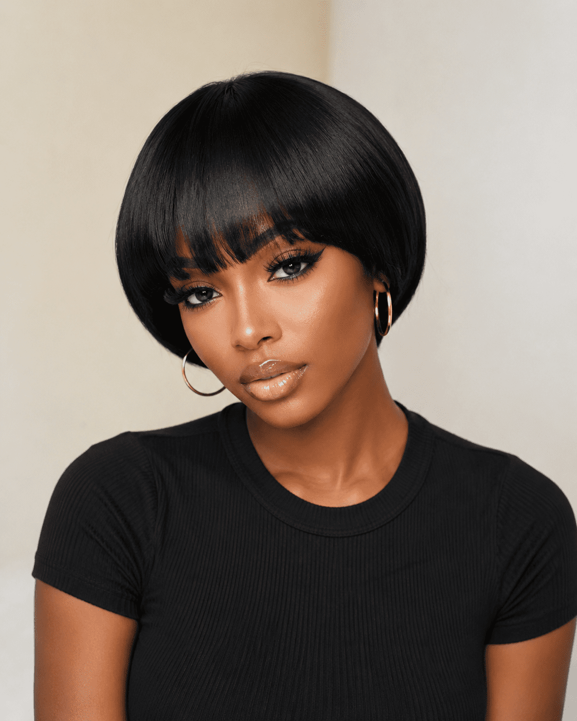 Short Straight Pixie Cut Wig Ombre 1B# Human Hair With Bangs 150% Density Full Machine Made Wigs For Women