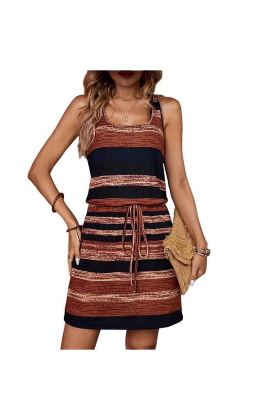 Short Summer Dresses for Women 2025 Trendy Cinch Waist Mini Dress Casual Floral Print Sleeveless Drawstring U Neck Beach Sundresses