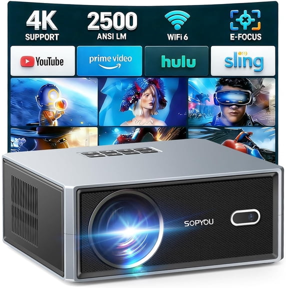 Short Throw/2500 ANSI/E-Focus] 4K Decoding Projector with WiFi and Bluetooth, Outdoor Movie Projectors, Max 450" Display Home ater, Portable Smart Proyector for iOS/Android/TV Stick/PS5