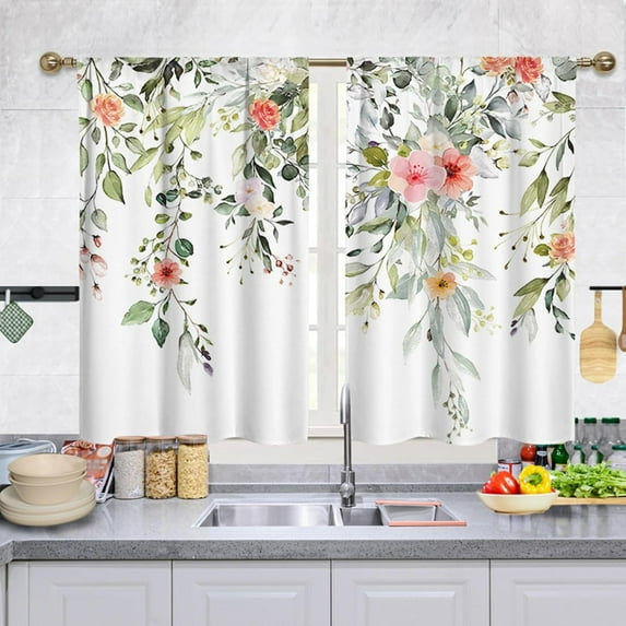 Short Tier Curtains for Kitchen Bathroom, Floral Green Leaves Cafe Curtains, Soft Airy Kitchen Sink Curtains with Kitchen Bathroom Window Curtains, 36" L x 27.5" W, 2 Panels