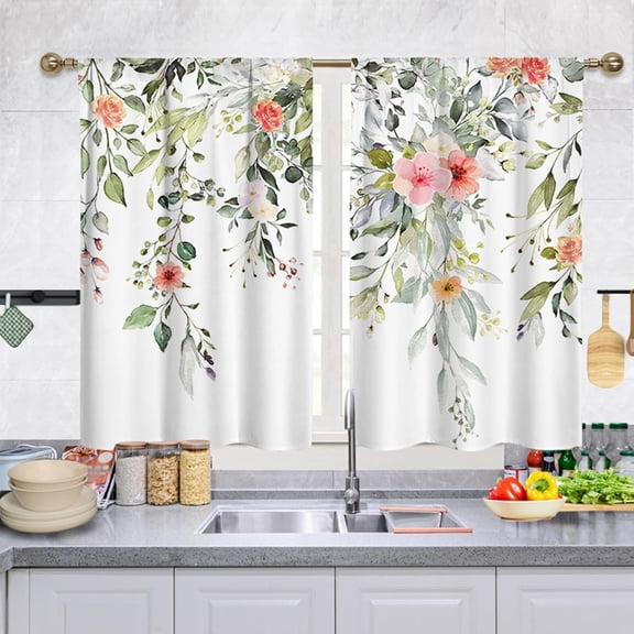 Short Tier Curtains for Kitchen Bathroom, Floral Green Leaves Cafe Curtains, Soft Airy Kitchen Sink Curtains with Kitchen Bathroom Window Curtains, 39" L x 27.5" W, 2 Panels