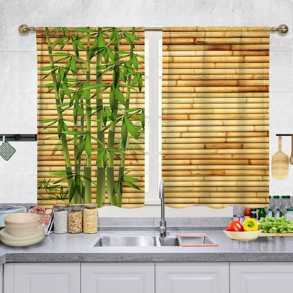 Short Tier Curtains for Kitchen Bathroom, Green Bamboo Cafe Curtains, Soft Airy Kitchen Sink Curtains with Kitchen Bathroom Window Curtains, 36" L x 27.5" W, 2 Panels
