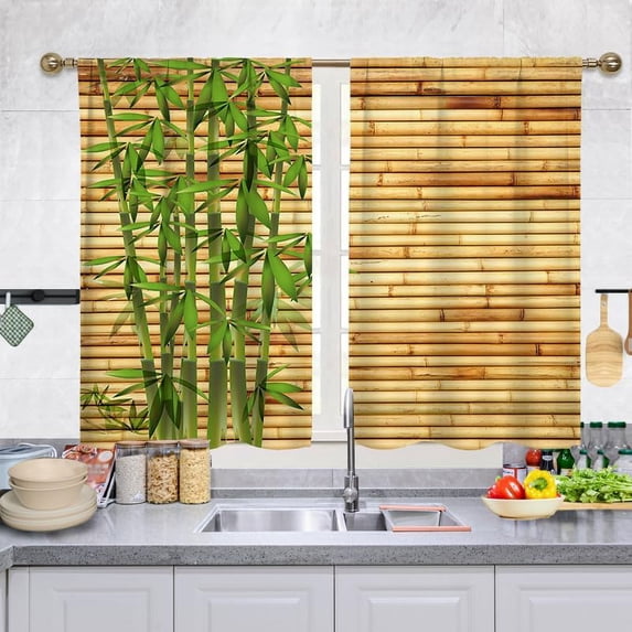 Short Tier Curtains for Kitchen Bathroom, Green Bamboo Cafe Curtains, Soft Airy Kitchen Sink Curtains with Kitchen Bathroom Window Curtains, 39" L x 27.5" W, 2 Panels