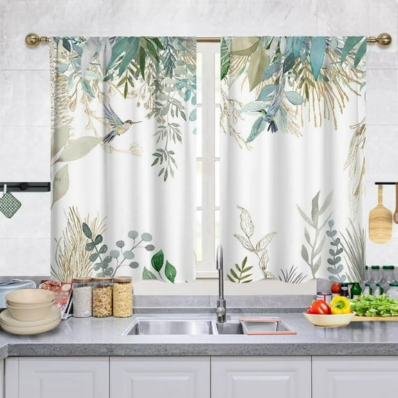 Short Tier Curtains for Kitchen Bathroom, Scandinavian Style Plants Cafe Curtains, Soft Airy Kitchen Sink Curtains with Kitchen Bathroom Window Curtains, 36" L x 27.5" W, 2 Panels