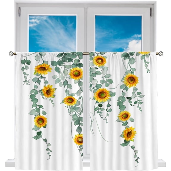 Short Tier Curtains for Kitchen Bathroom, Vibrant Sunflower Cafe Curtains, Soft Airy Kitchen Sink Curtains with Kitchen Bathroom Window Curtains, 36" L x 27.5" W, 2 Panels